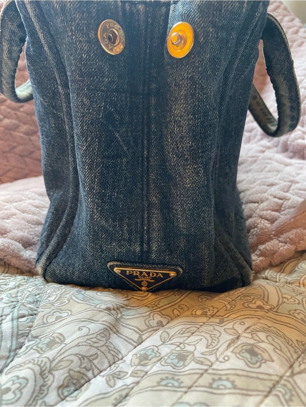 Prada Distressed Denim Canapa Tote Bag - Small Dark Blue with Black Logo - Picture 4 of 14
